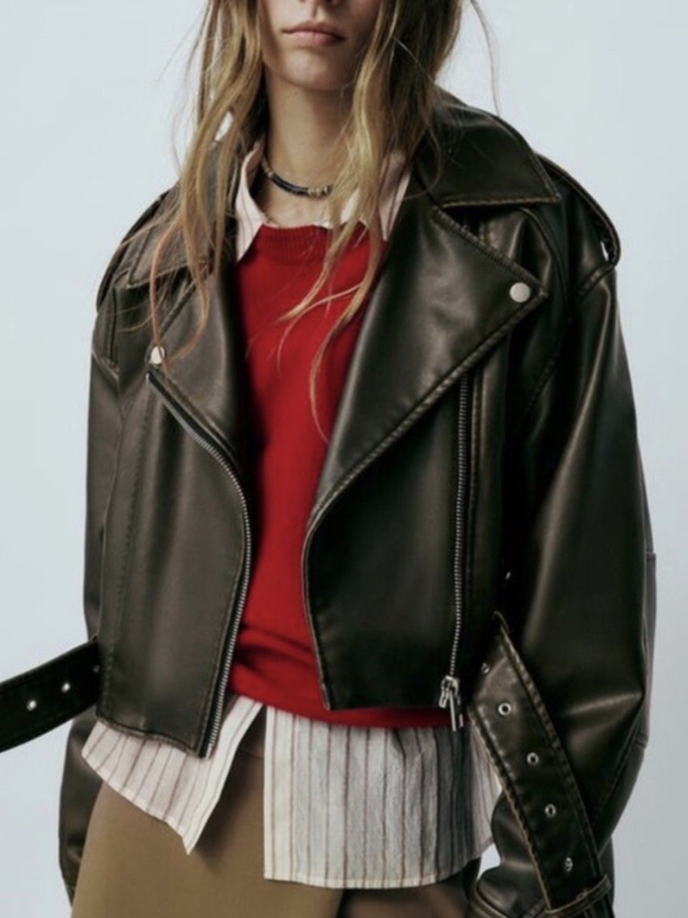 Zara Cropped Biker Jacket -  Brown